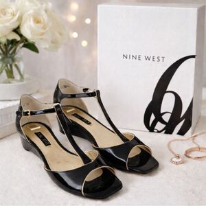 Nine West Sandals Black Gold Patent Leather With Box Womens Size 5.5